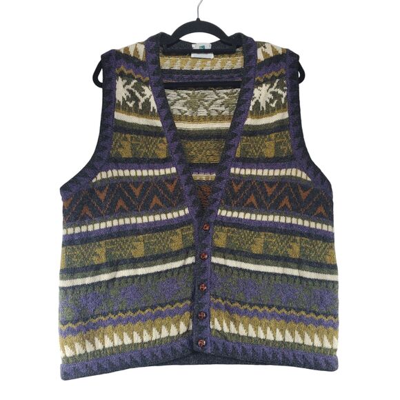 L Ireland Kolor Knits Wool Vest Sawtooth Vintage Button Cardigan Stripes Grandma - Picture 1 of 9